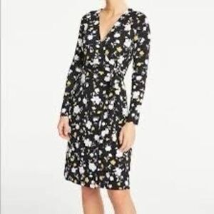 Ann Taylor Womens 6 Long Sleeve Wrap Front Sheath Dress Black Gold Floral Belted